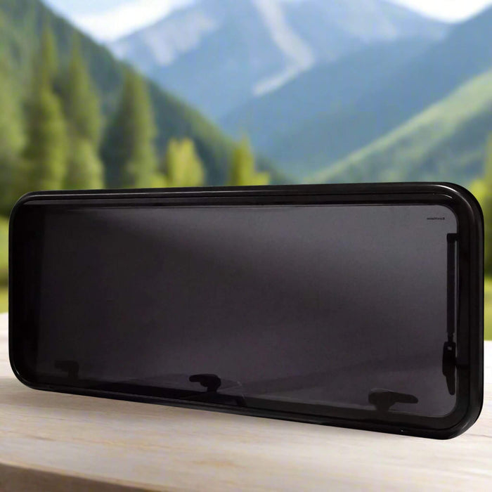Flat acrylic window 300×700 mm side view, sleek flush-mounted design, darker tint, ideal for van conversions, campers, RVs, trailers, offering modern appearance, lightweight construction, and long-lasting durability.