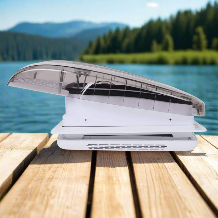 Black color van roof fan with LED lighting, installed for modern interior / Ventilateur de toit van couleur noire avec LED, installé pour un intérieur moderne.