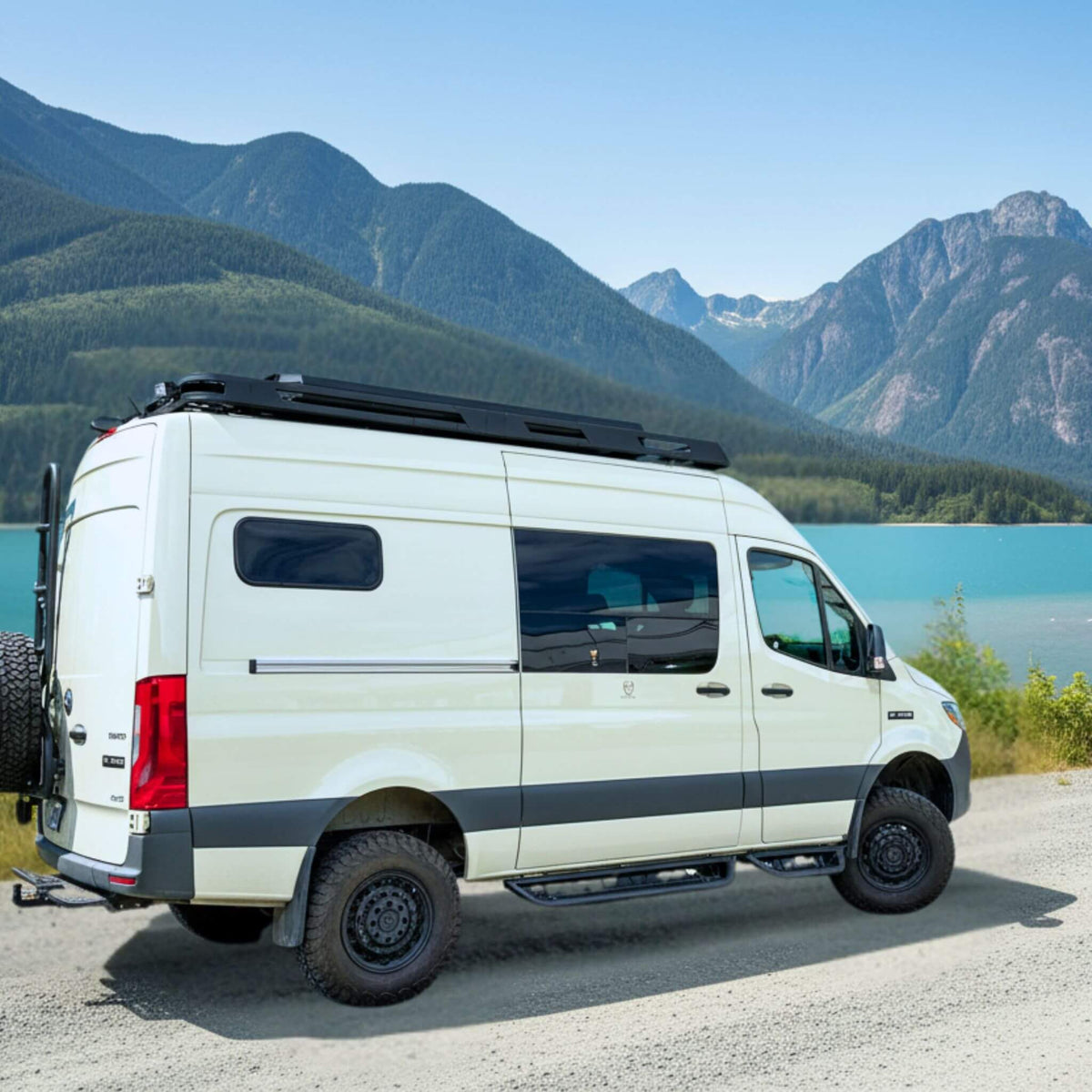 Rear running board on Sprinter van for safe access to the back of the vehicle.