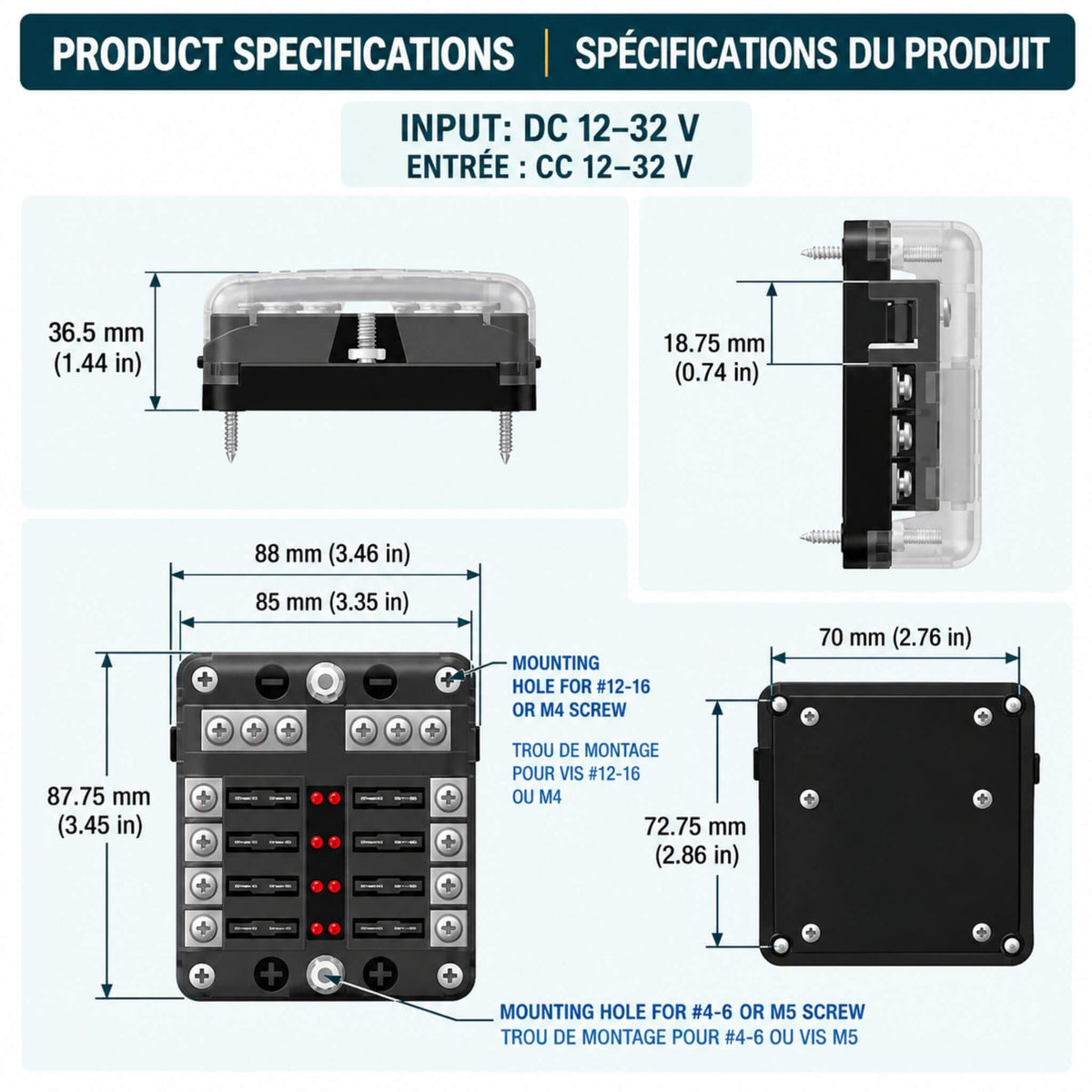 6-way ATO fuse holder for DC power distribution in vehicle upfitting applications
