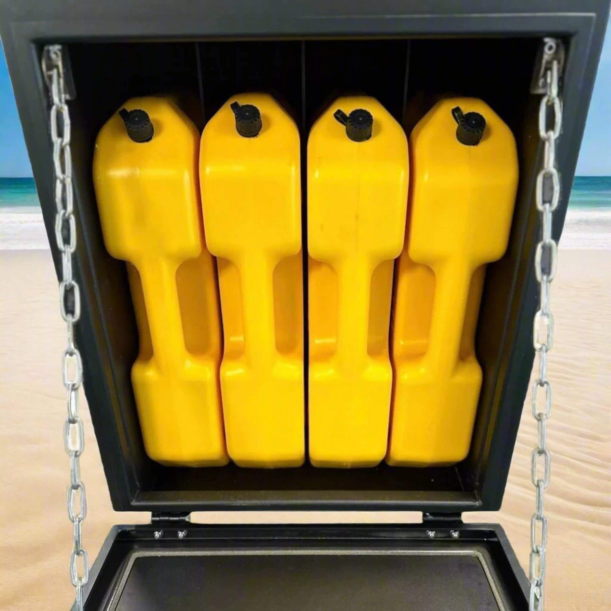 Aluminum Diesel Fuel Tank Storage Box mounted outside a camper van, built from durable 3 mm aluminum for secure diesel storage during adventures — Boîte de rangement en aluminium pour réservoir de diesel installée à l’extérieur d’un van, fabriquée en aluminium de 3 mm pour un stockage fiable du carburant en voyage.