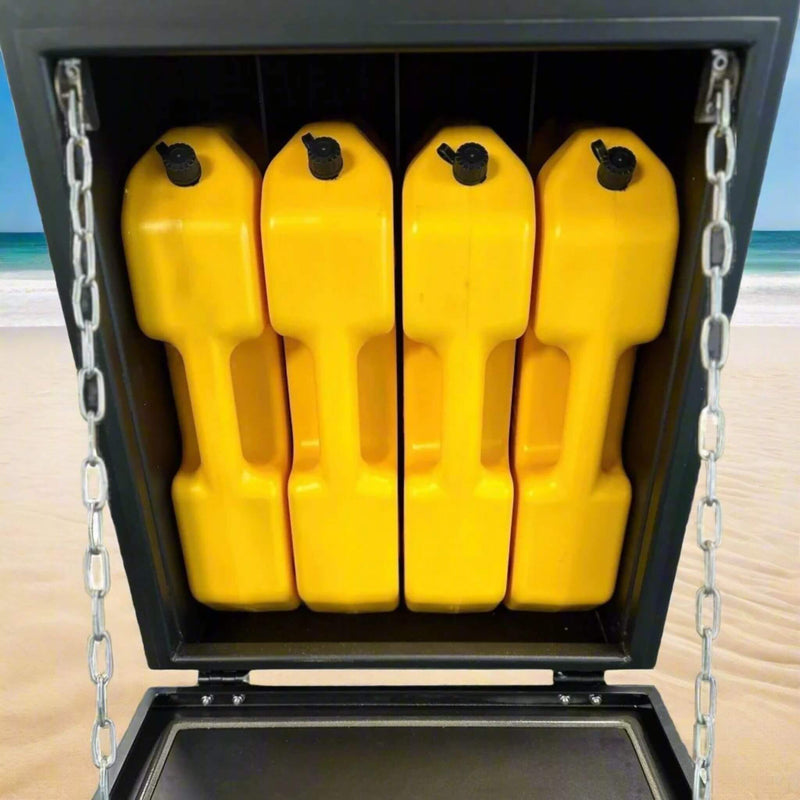 Aluminum Diesel Fuel Tank Storage Box mounted outside a camper van, built from durable 3 mm aluminum for secure diesel storage during adventures — Boîte de rangement en aluminium pour réservoir de diesel installée à l’extérieur d’un van, fabriquée en aluminium de 3 mm pour un stockage fiable du carburant en voyage.