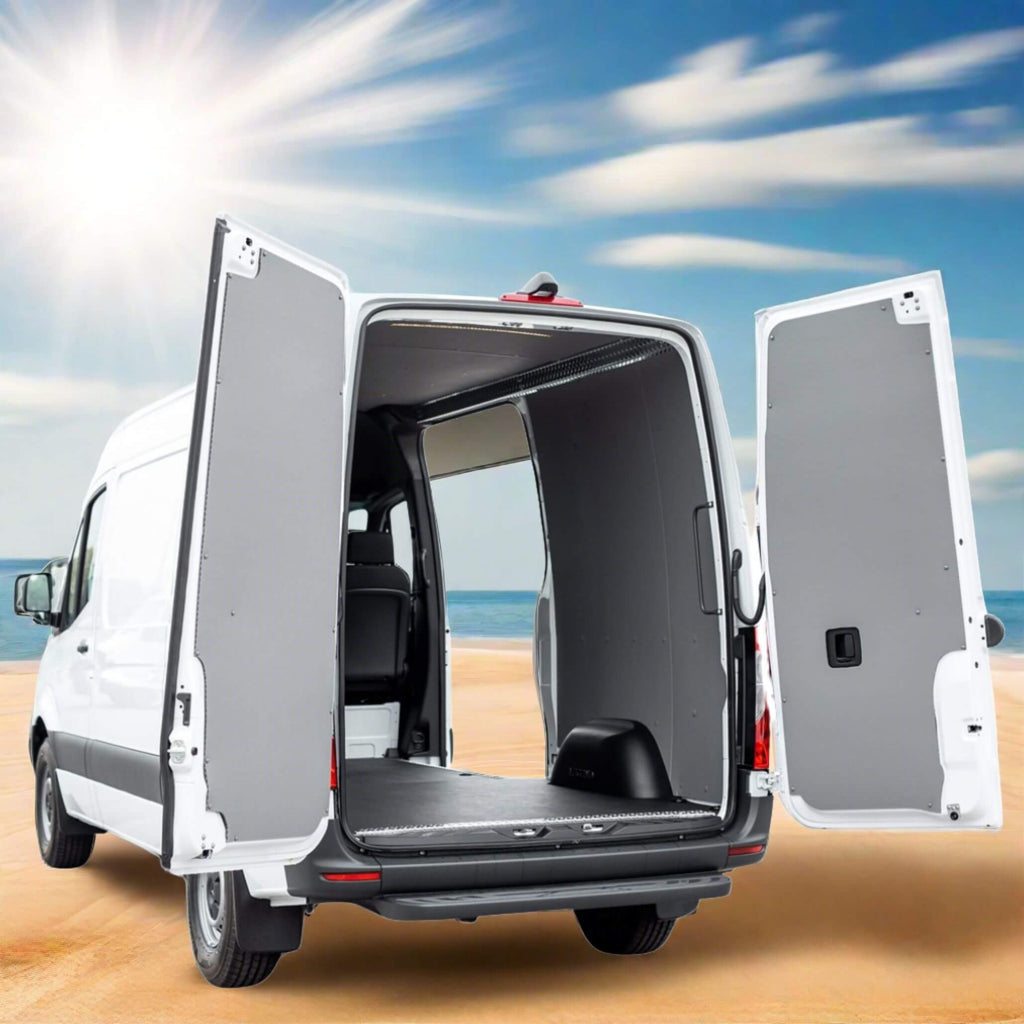 Transform your Mercedes Sprinter with the renowned DuraTherm white door liner, a symbol of excellence in van customization, offering both style and resilience for your DIY conversion endeavors.