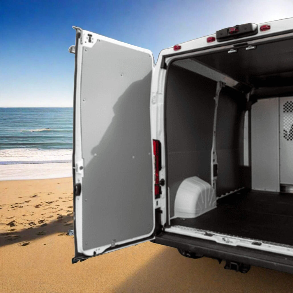 Transform your Mercedes Sprinter with the renowned DuraTherm white door liner, a symbol of excellence in van customization, offering both style and resilience for your DIY conversion endeavors.