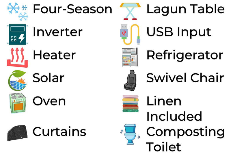 Ce qui est inclus pour la location de van : disponible en hiver, ondulateur, literie incluse, énergie solaire, toilette à compostage, chauffage, entrée auxiliaire, entrée USB, réfrigérateur, cuisinière, four, table Lagun, siège pivotant et rideau