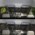 Experience Complete Privacy with Our Front Cab Kit:  Enjoy full privacy and temperature control with our Front Cab Kit. Crafted to block sunlight and regulate temperatures, it keeps you comfortable in any weather. This comprehensive kit includes a windshield cover, driver window cover, and passenger window cover. Elevate your van's comfort and privacy with ease!
