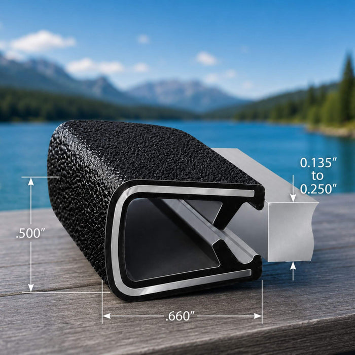 OEM-style Trim-Lok edge trim for van conversion window installations with technical profile dimensions