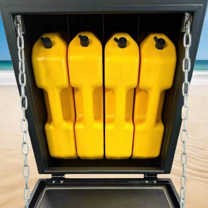 Boîte de rangement en aluminium pour réservoir de diesel installée à l’extérieur d’un van, fabriquée en aluminium de 3 mm pour un stockage fiable du carburant en voyage.