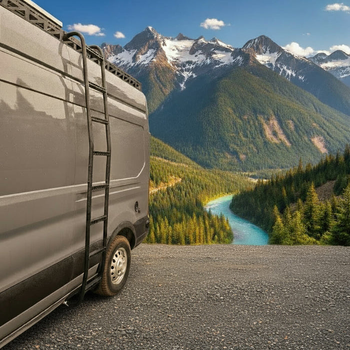 Durable aluminum Transit Side Ladder for van life, crafted to resist corrosion and handle rough weather, offering secure and ergonomic climbing to load boards, clean solar panels, or access rooftop gear
