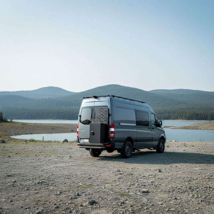 Aluminum Venti storage box mounted on a Sprinter van exterior with weather-sealed door design.