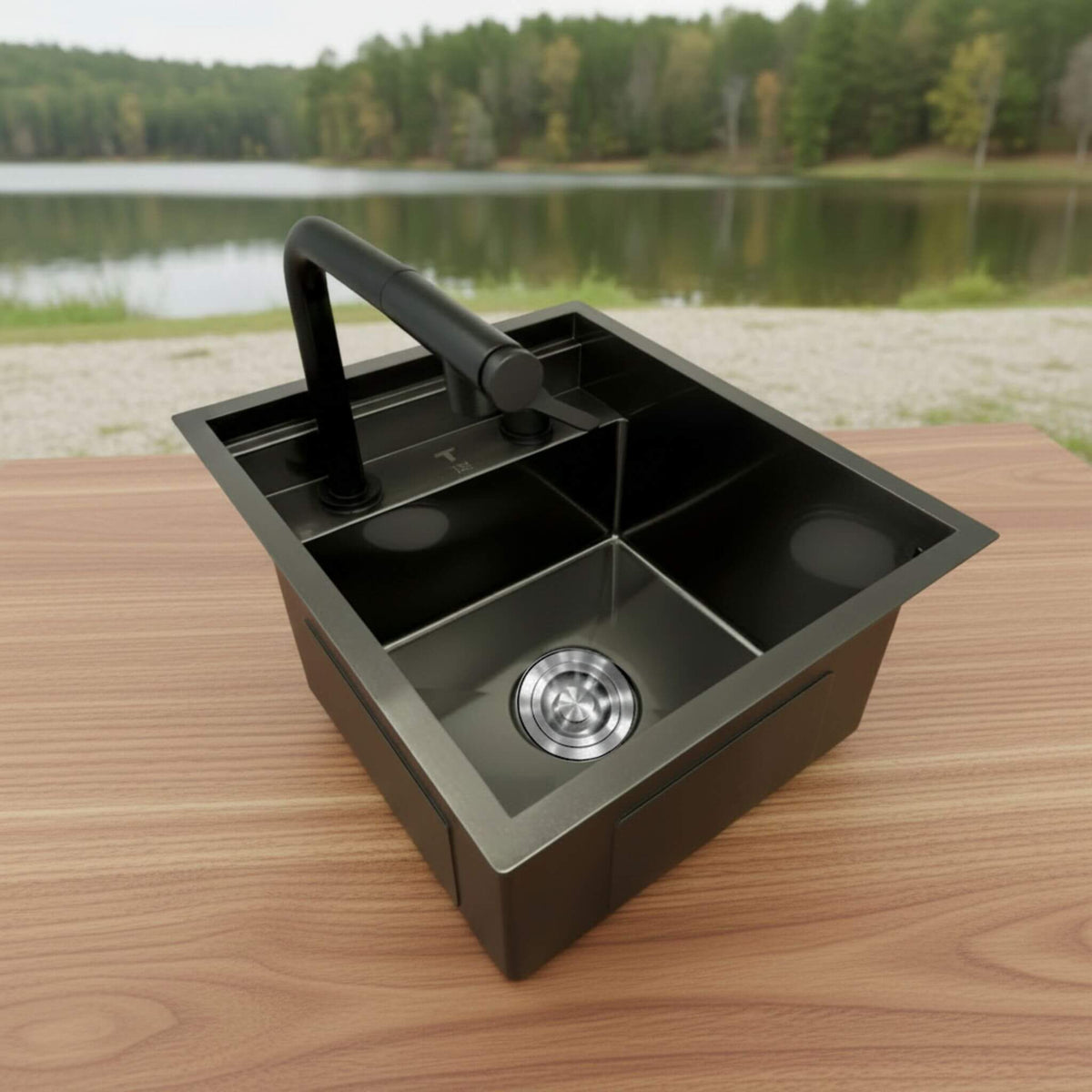 Vanlife sink with wood cover for camper van plumbing system