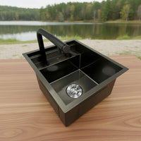 Vanlife sink with wood cover for camper van plumbing system
