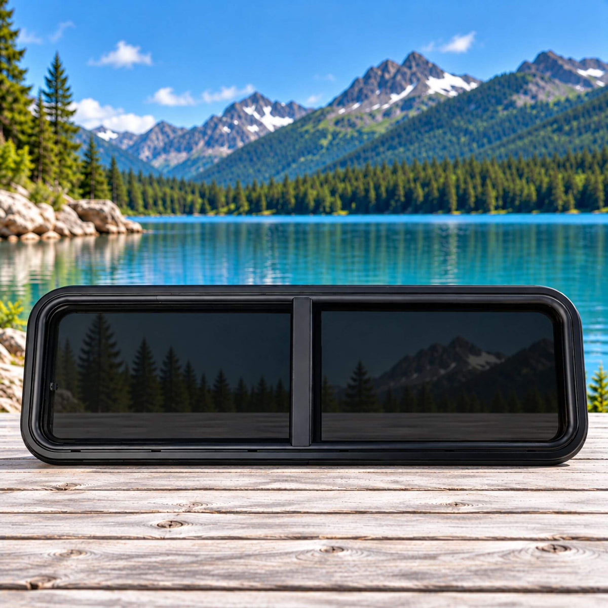 Overlander bunk window OVR4015 with black frame and tinted sliding glass, 41 × 16 inches, for campervan conversions and RV installations.