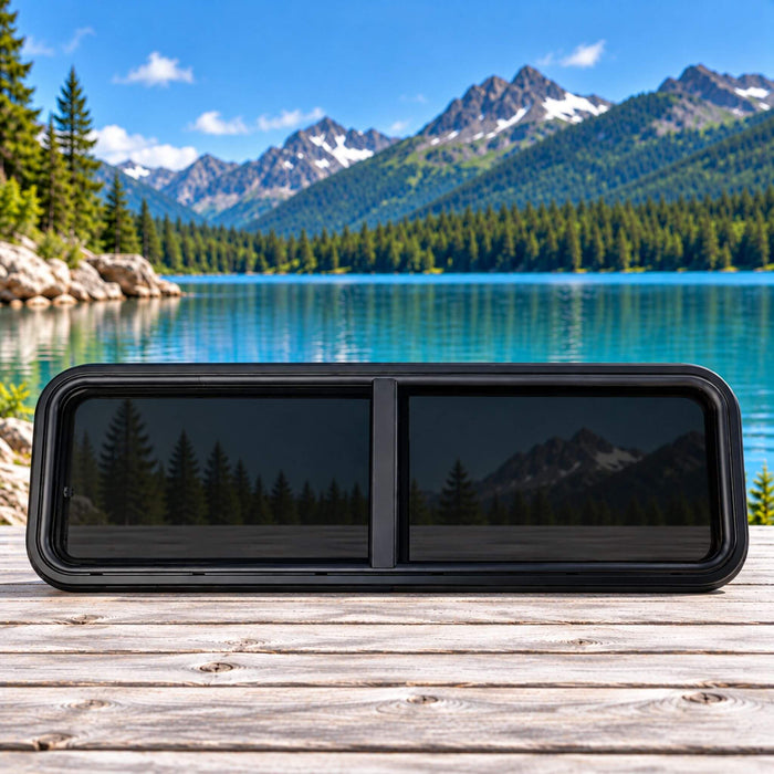 Overlander bunk window OVR4015 with black frame and tinted sliding glass, 41 × 16 inches, for campervan conversions and RV installations.