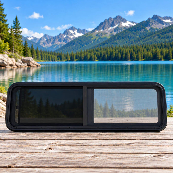 Overlander bunk window OVR4015 with integrated insect screen and tinted glass, designed for RVs and campervan window installations.