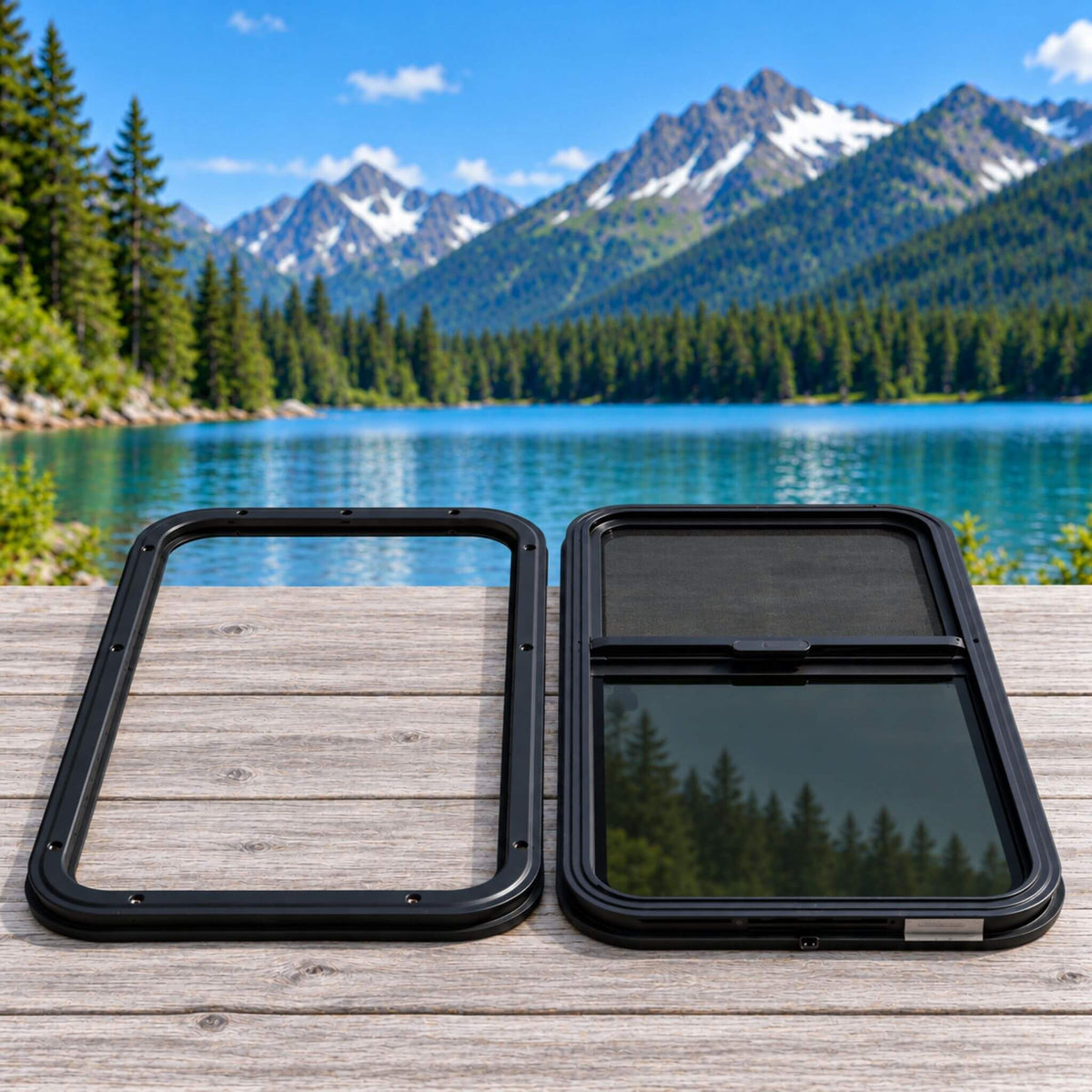 Overlander bunk window OVR4015 with matching mounting frame and tinted sliding glass for professional van builders and RV conversion shops.