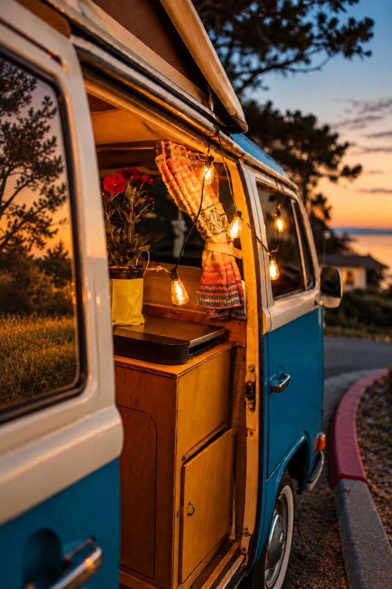 Van aménagé au coucher du soleil avec rideau de cabine, armoire en bois et guirlande lumineuse
