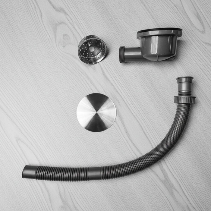 Low profile 3.5″ drain installed under a van conversion sink, saving space.