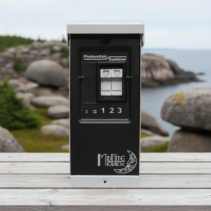 DC combiner box for solar power systems supporting up to 3 x 150 VDC breakers or 2 x 600 VDC fuse holders, designed for safe photovoltaic array combining in off-grid, RV, marine, and backup energy installations.
