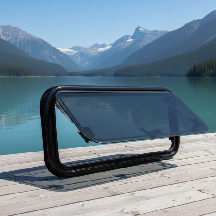 Flat mounted van window 300x1100 mm with dark tinted dual pane acrylic and flush exterior profile for van conversions