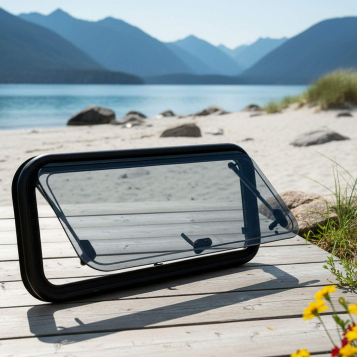 Flat mounted van window 450x1100 mm designed for van conversion with flush exterior profile and dark tinted dual pane acrylic