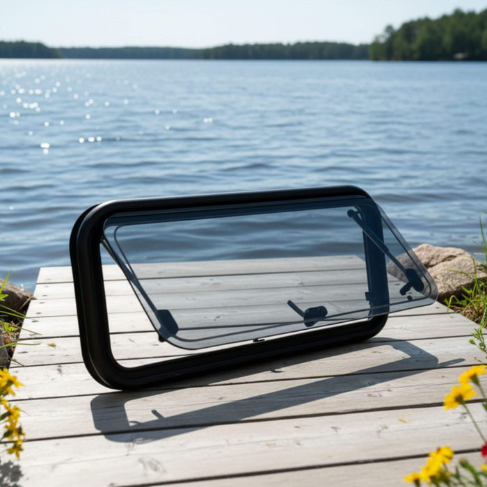 Flat mounted van window 550x1100 mm with dark tint, dual pane acrylic, designed for modern camper van conversions and flush exterior installation