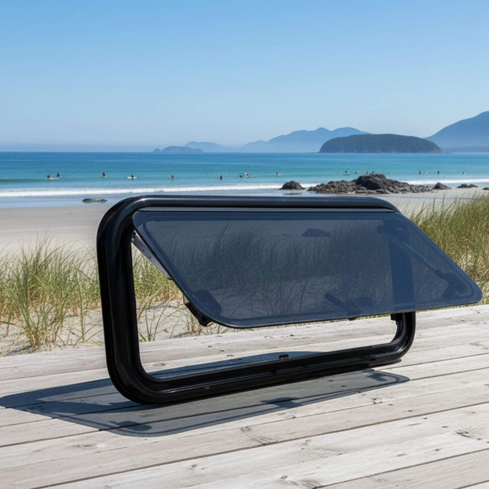 Flat mounted van window 550x900 mm with dark tinted dual pane acrylic and flush exterior profile for van conversions