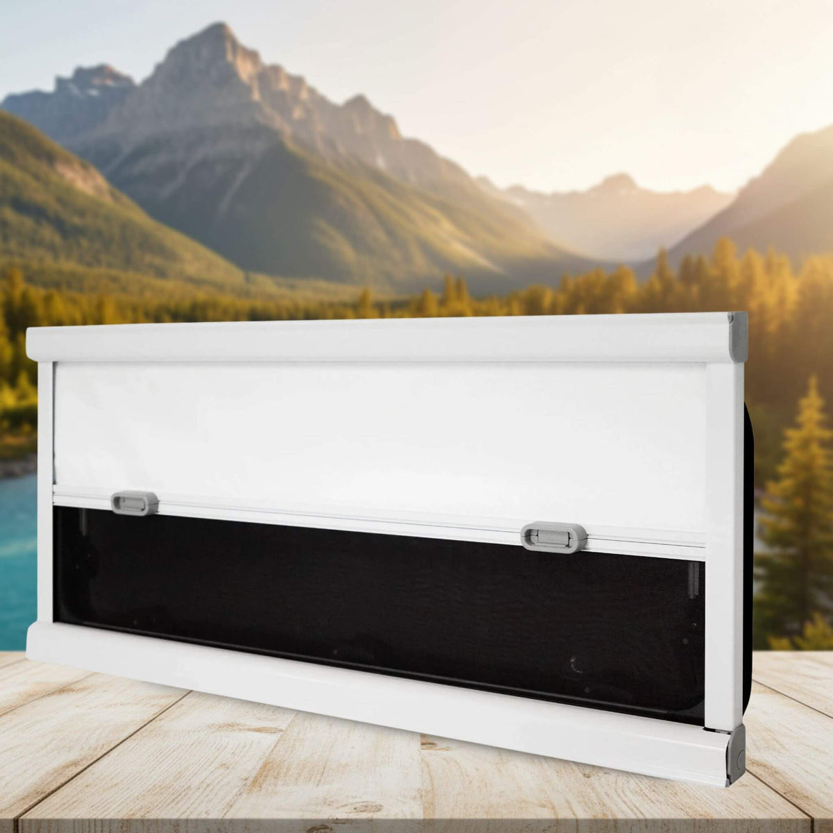 Flat RV window with white frame for vanlife and overland conversions