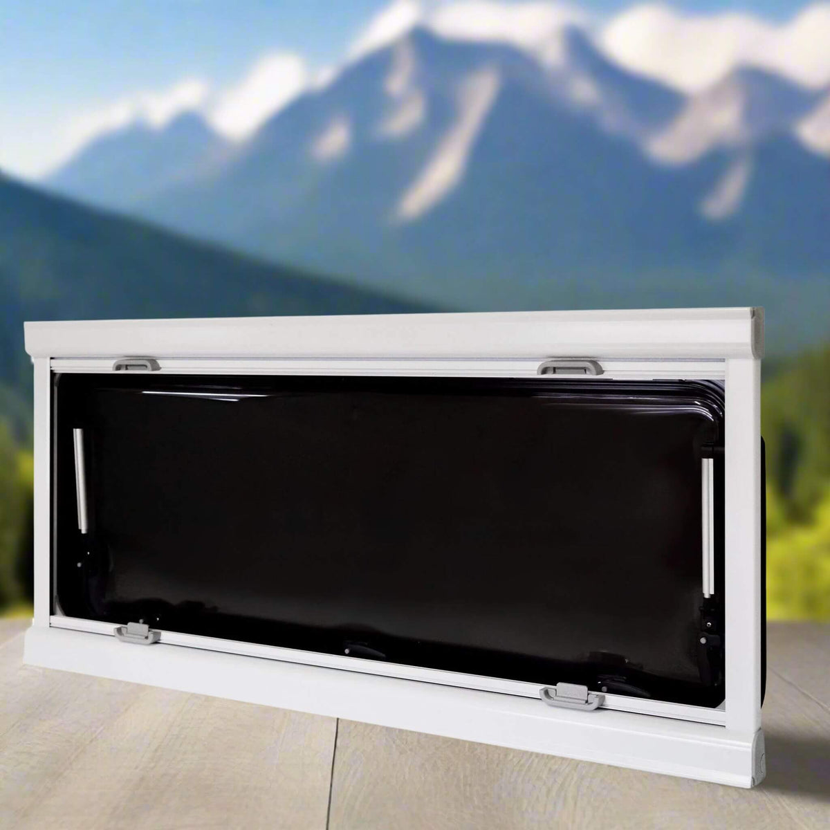 Flat window 300×700 mm with fine mesh screen, designed for airflow and insect protection in vans, camper vans, RVs, and trailers, lightweight, durable, dual-pane acrylic, modern design.