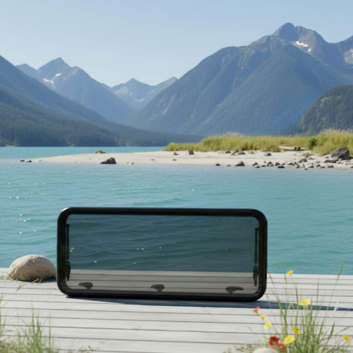 Camper van window 450x1100 mm with blackout shade and fine mesh screen, designed for van conversions, RVs and trailers