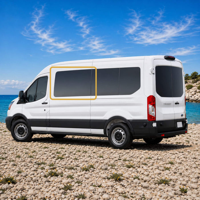 OEM-inspired fixed forward window for Ford Transit camper van conversions with 130", 148", and 148" EXT wheelbases, designed for 2015+ medium and high roof models driver side.