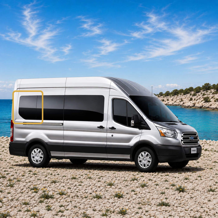 OEM-inspired fixed rear window for Ford Transit camper van conversions with 148" wheelbase, designed for 2015+ medium and high roof models passenger side.