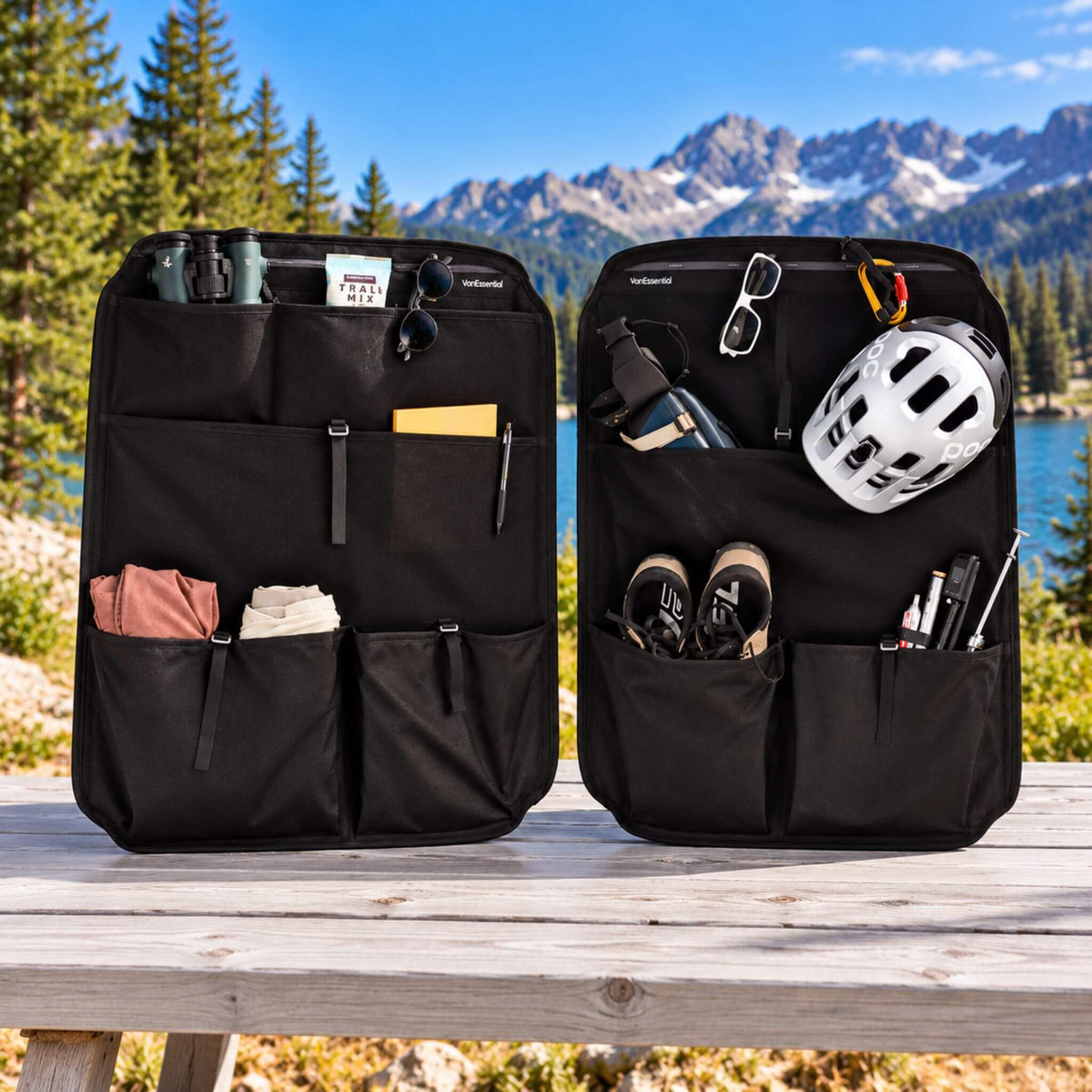 Ford Transit rear door storage panels with multiple pockets for organizing vanlife gear and campervan essentials.