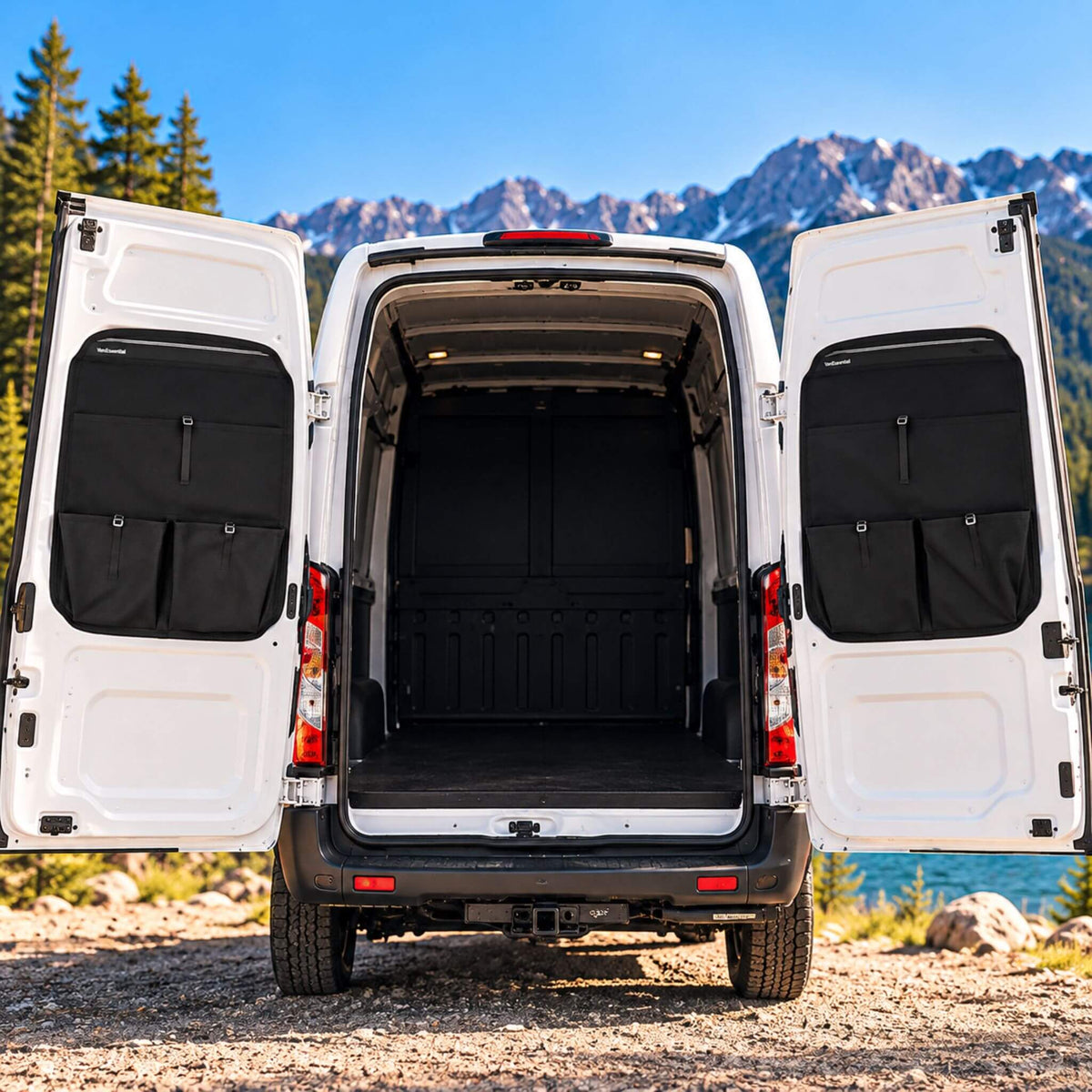 Pair of Ford Transit middle rear door storage panels for campervan conversions, travel accessories and outdoor equipment organization.