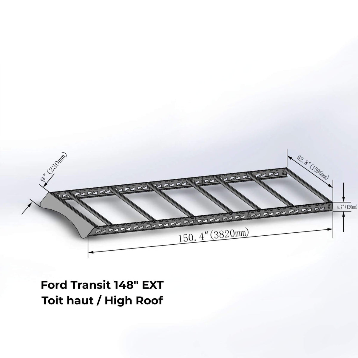 Modular roof rack for Ford Transit commercial vehicles and fleets