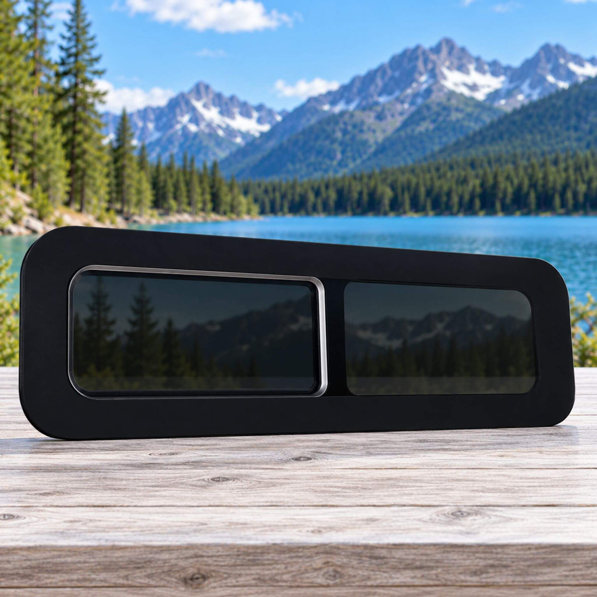 SE-Series half-slider van window with black frame for ventilation in campervan conversions.