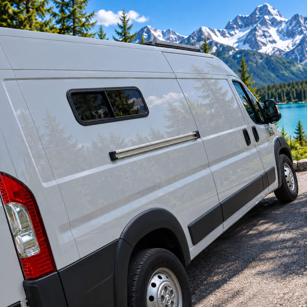Sliding bunk window for RV and motorhome ventilation with black aluminum frame