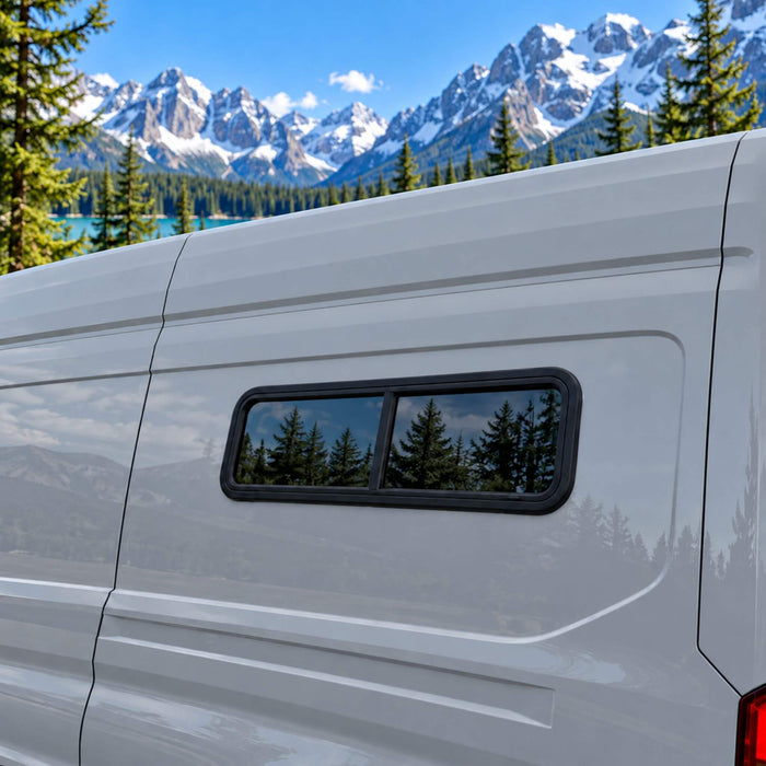 Half slider bunk window for off grid campervan living and RV ventilation