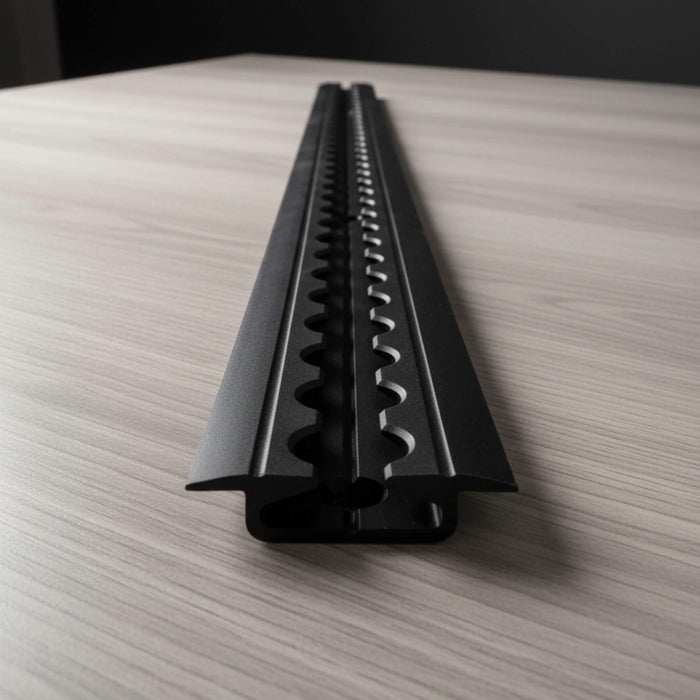 Low-profile anodized black L-Track aluminum rail for Sprinter and Transit van conversions