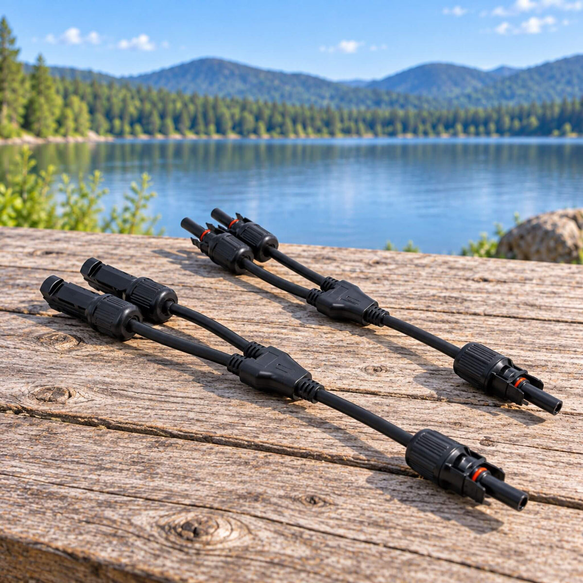 MC4 compatible 2-to-1 branch flexible solar connectors pair for PV wiring and solar panel connections
