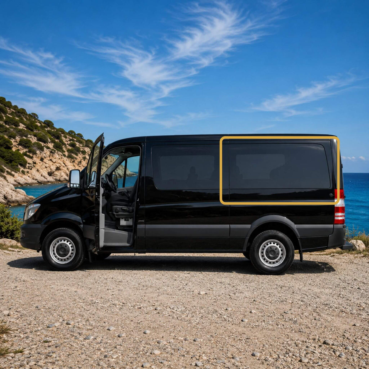Fenêtre fixe inspirée du style OEM pour conversions de vans Mercedes Sprinter à empattement 144", conçue pour les modèles 2007+ côté arrière conducteur.