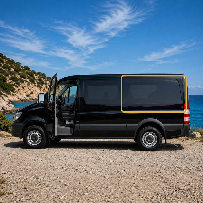 OEM-inspired fixed rear window for Mercedes Sprinter camper van conversions with 144" wheelbase, designed for 2007+ driver side models.