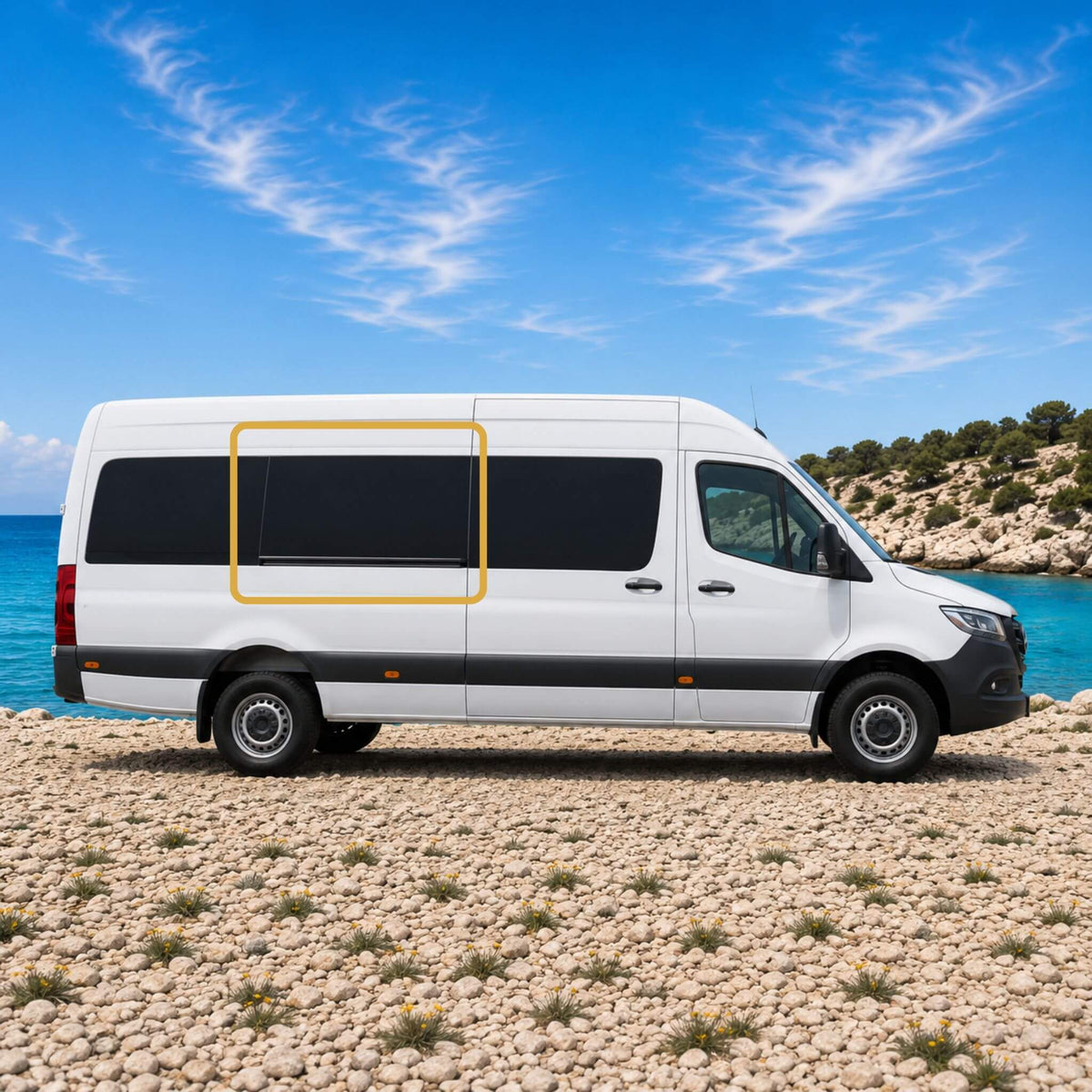 Fenêtre fixe inspirée du style OEM pour conversions de vans Mercedes Sprinter à empattement 170" et 170" allongé, conçue pour les modèles 2007+ côté passager milieu.