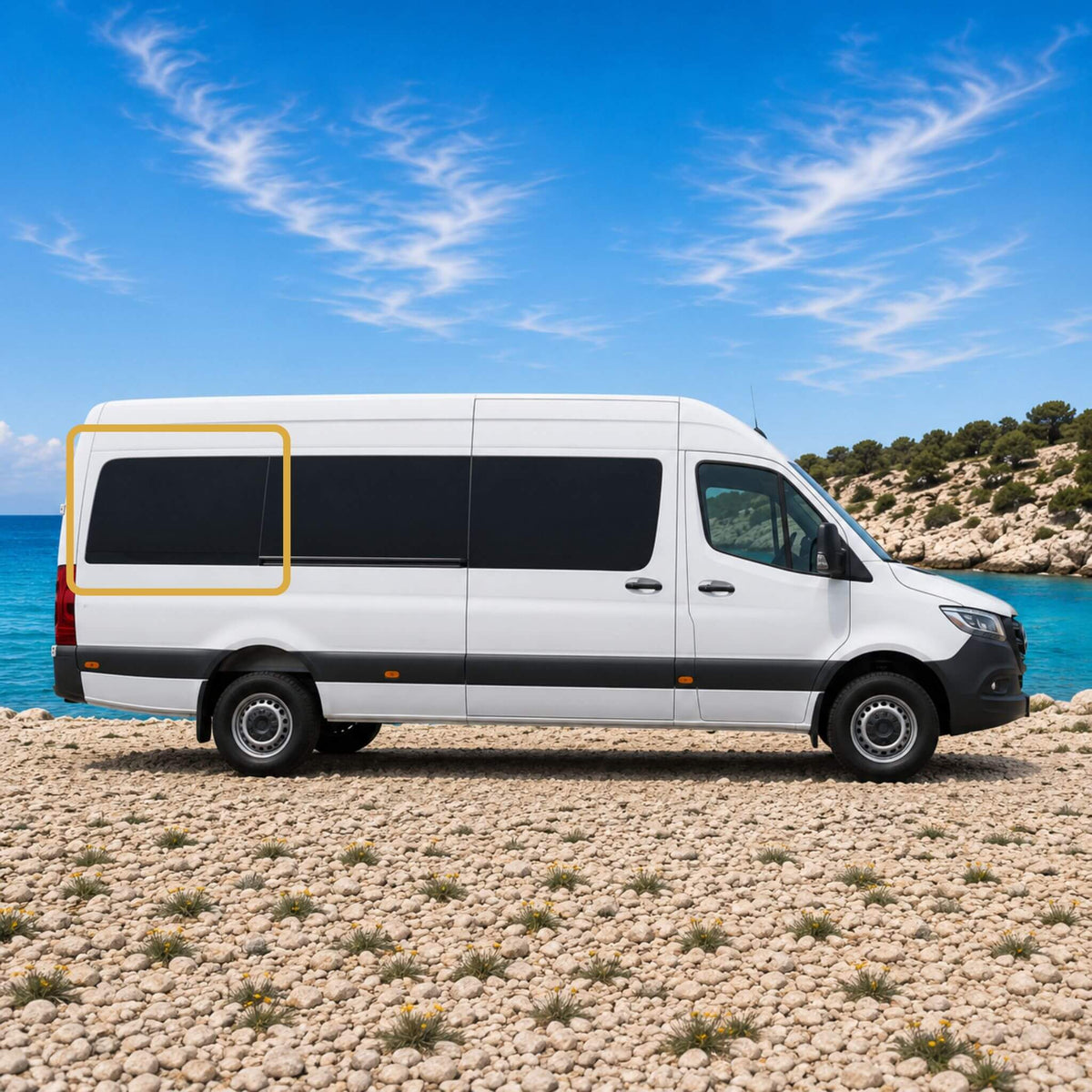 Fenêtre fixe inspirée du style OEM pour conversions de vans Mercedes Sprinter à empattement 170" et 170" allongé, conçue pour les modèles 2007+ côté arrière passager.
