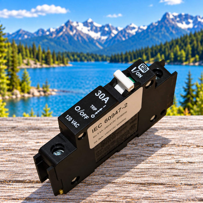 MidNite Solar 30A 120 VAC DIN rail breaker for campervan electrical installation