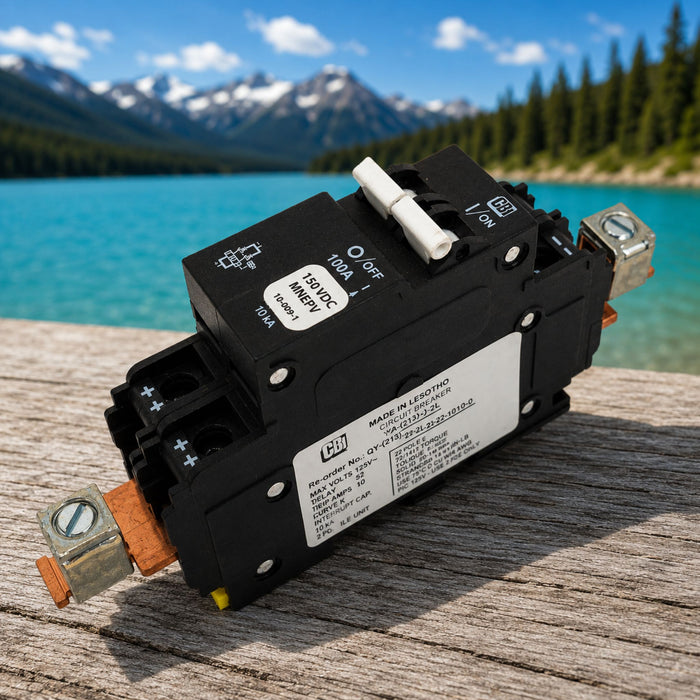 MidNite Solar MNEPV100 panel mount DC breaker engineered for high-current battery and solar applications, delivering dependable circuit protection for renewable energy systems.