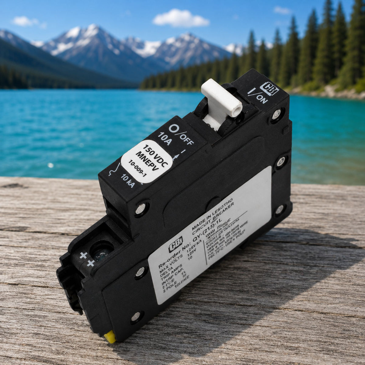 MidNite Solar MNEPV10 10A DIN rail mount DC breaker engineered for solar and battery systems, delivering compact and dependable circuit protection for off-grid power installations.