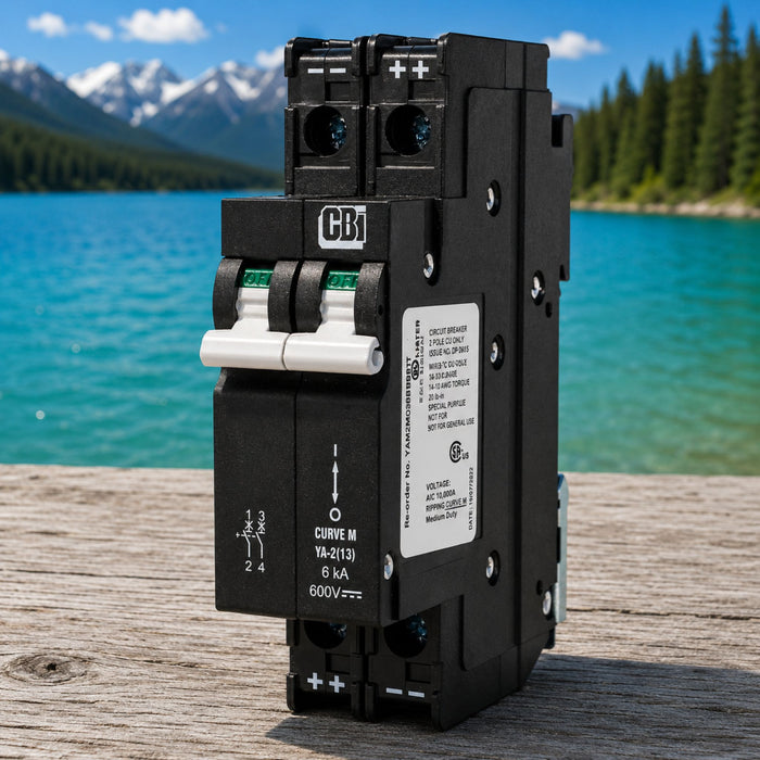MidNite Solar MNEPV20 20A two-pole DIN rail mount DC breaker designed for photovoltaic systems, offering safe circuit isolation and overcurrent protection in off-grid installations.