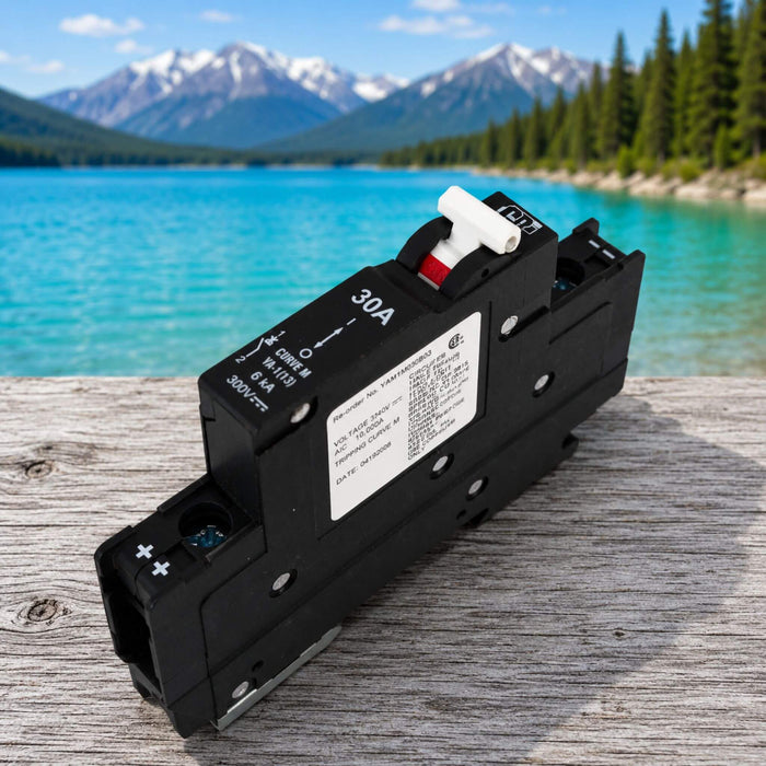 MidNite Solar MNEPV30 30A DIN rail mount DC breaker for solar energy systems, offering safe circuit protection and power management in off-grid and mobile electrical installations.