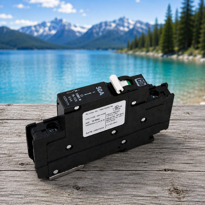 MidNite Solar MNEPV50 50A DIN rail mount DC breaker for solar power systems, delivering dependable overcurrent protection for photovoltaic arrays and battery-based electrical systems.